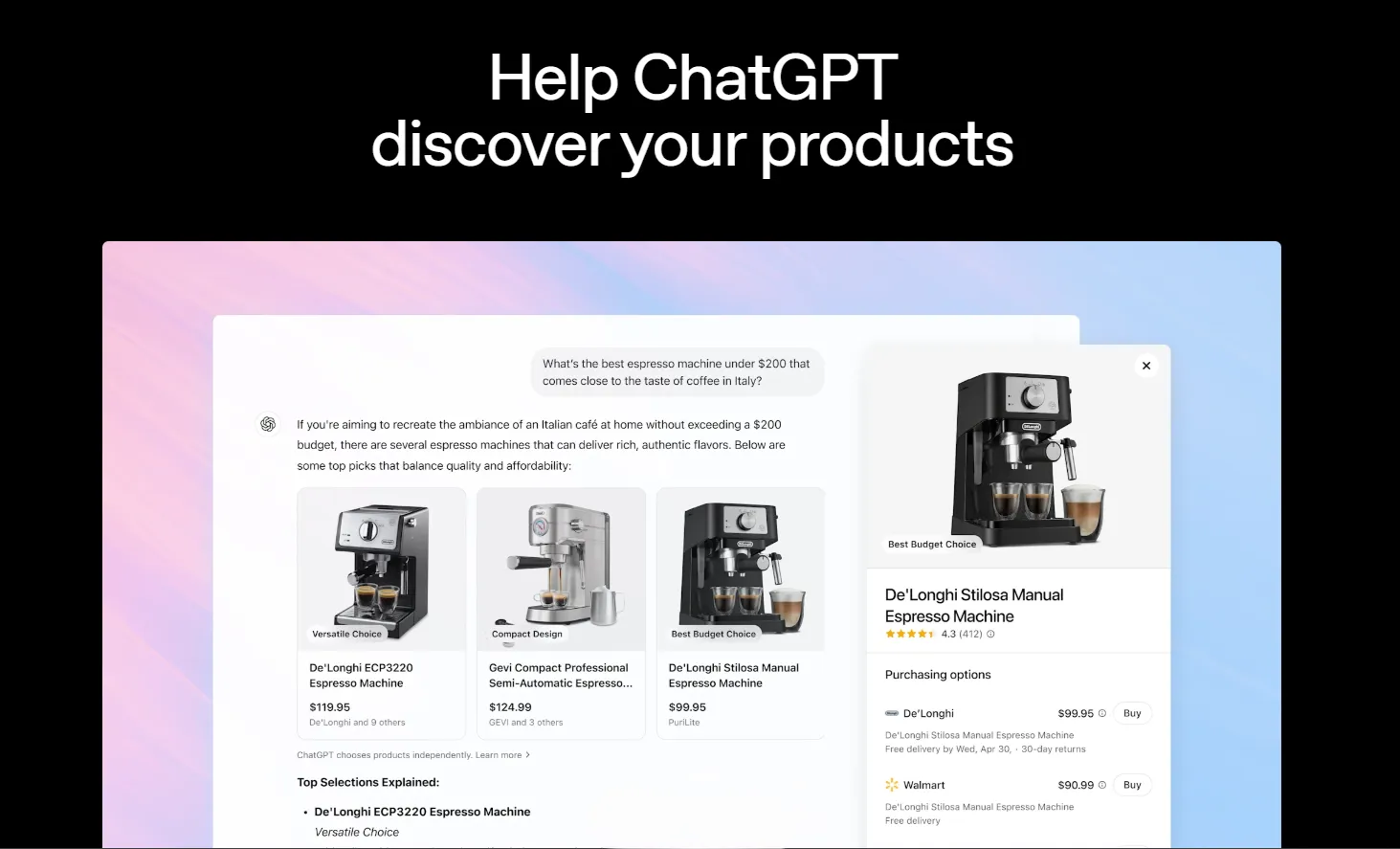 Screenshot of OpenAI's website showing ChatGPT's product search feature with a carousel of espresso machines, complete with images, prices, ratings, and buy buttons.