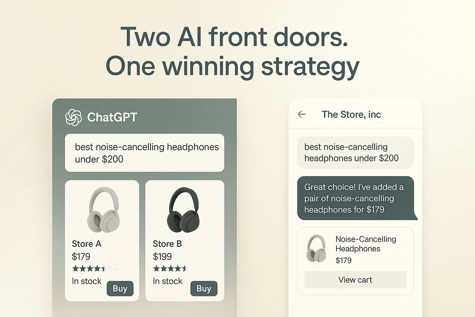Comparison showing a traditional chatbot response vs ChatGPT's new product carousel, highlighting the direct shopping experience with clickable product cards.